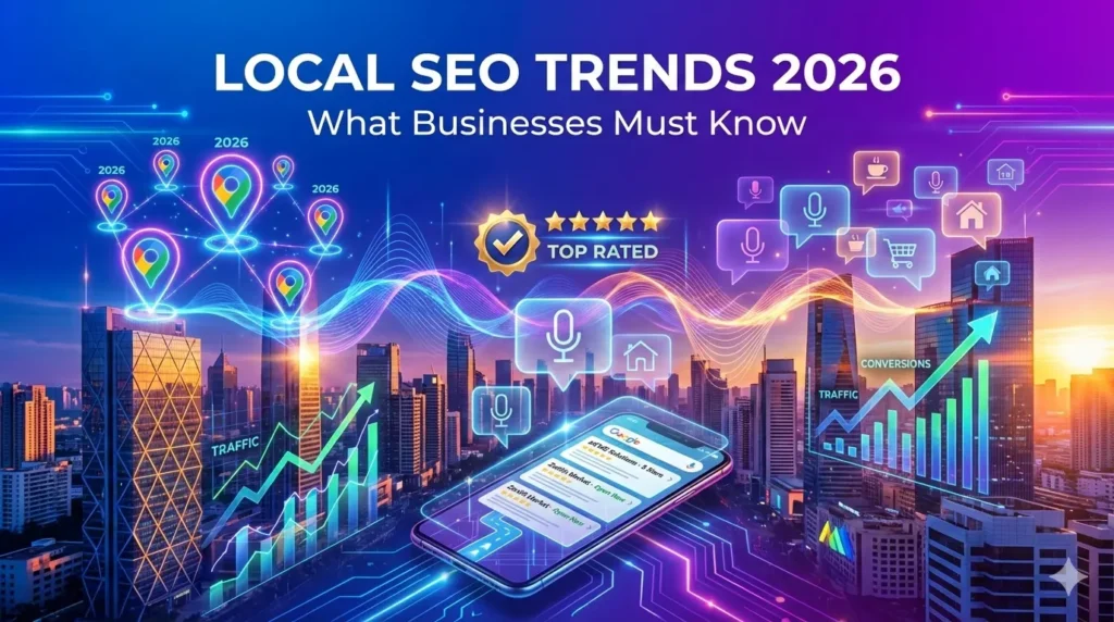 local SEO trends 2026 city skyline with Google Maps pins and AI search visualization