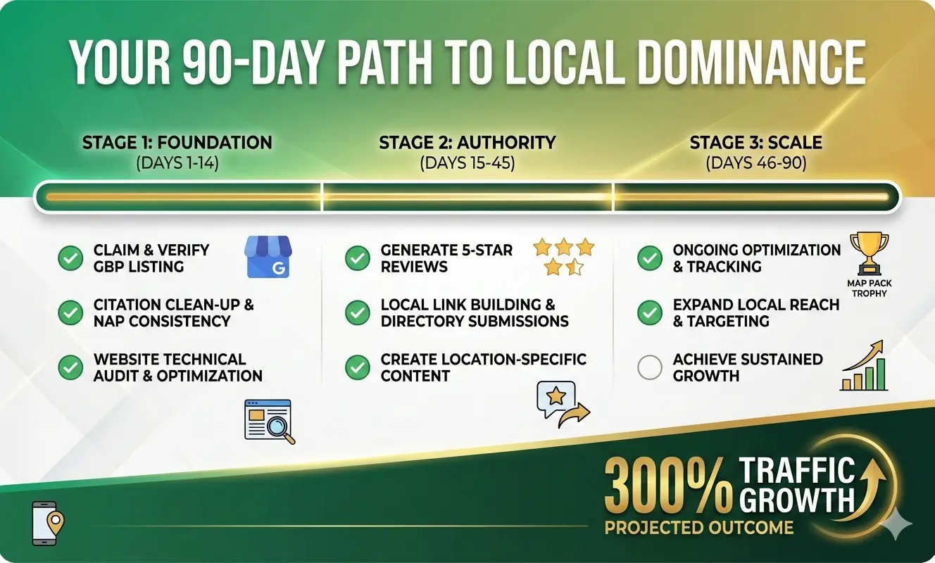Local SEO 90-day implementation timeline with foundation authority and scale phases