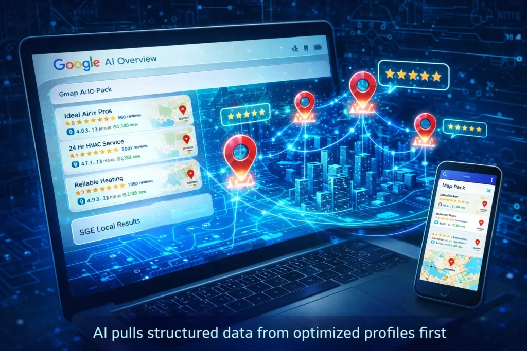Google AI Overview generating local business Map Pack results with data connections and holographic city map