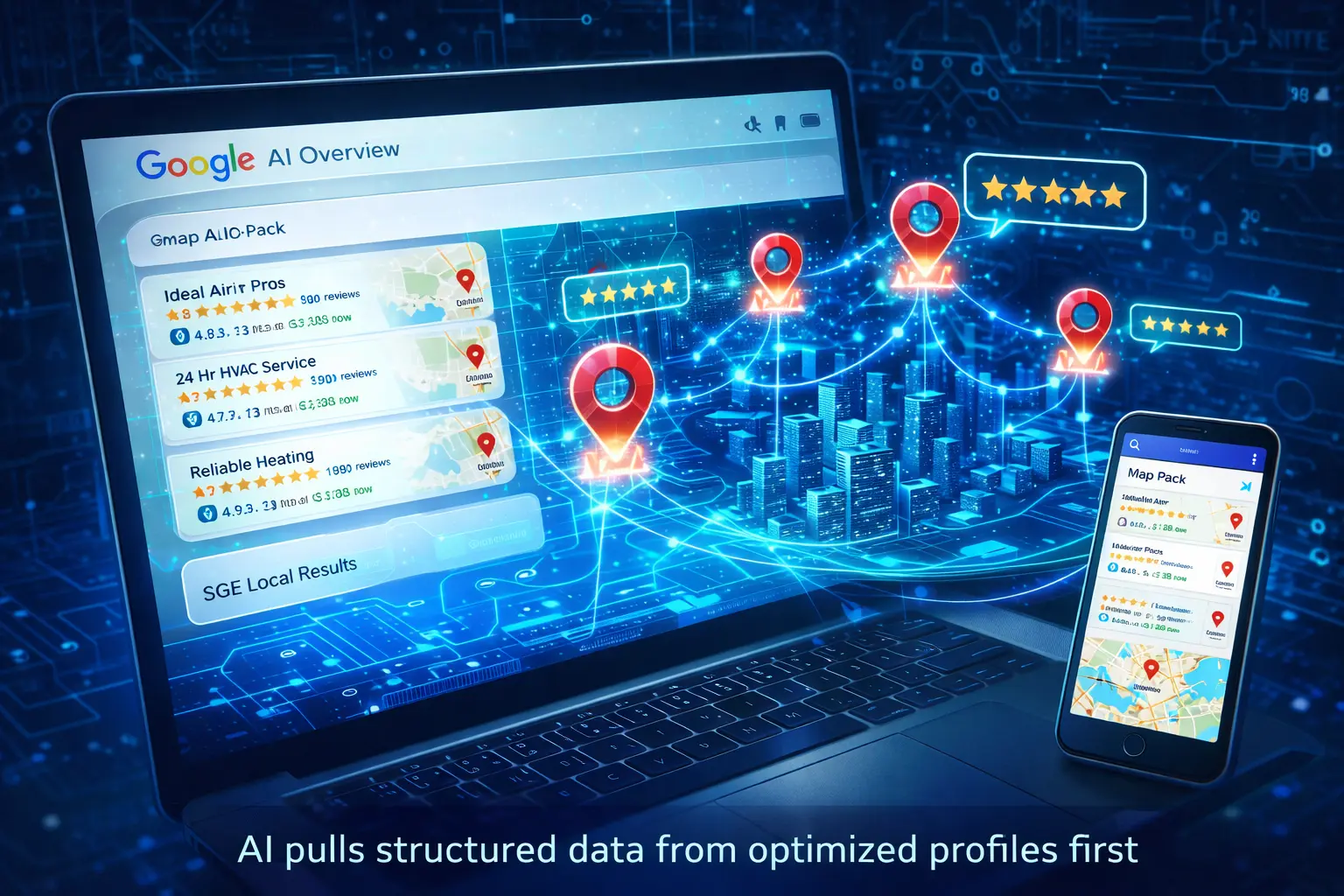 Google AI Overview generating local business Map Pack results with data connections and holographic city map