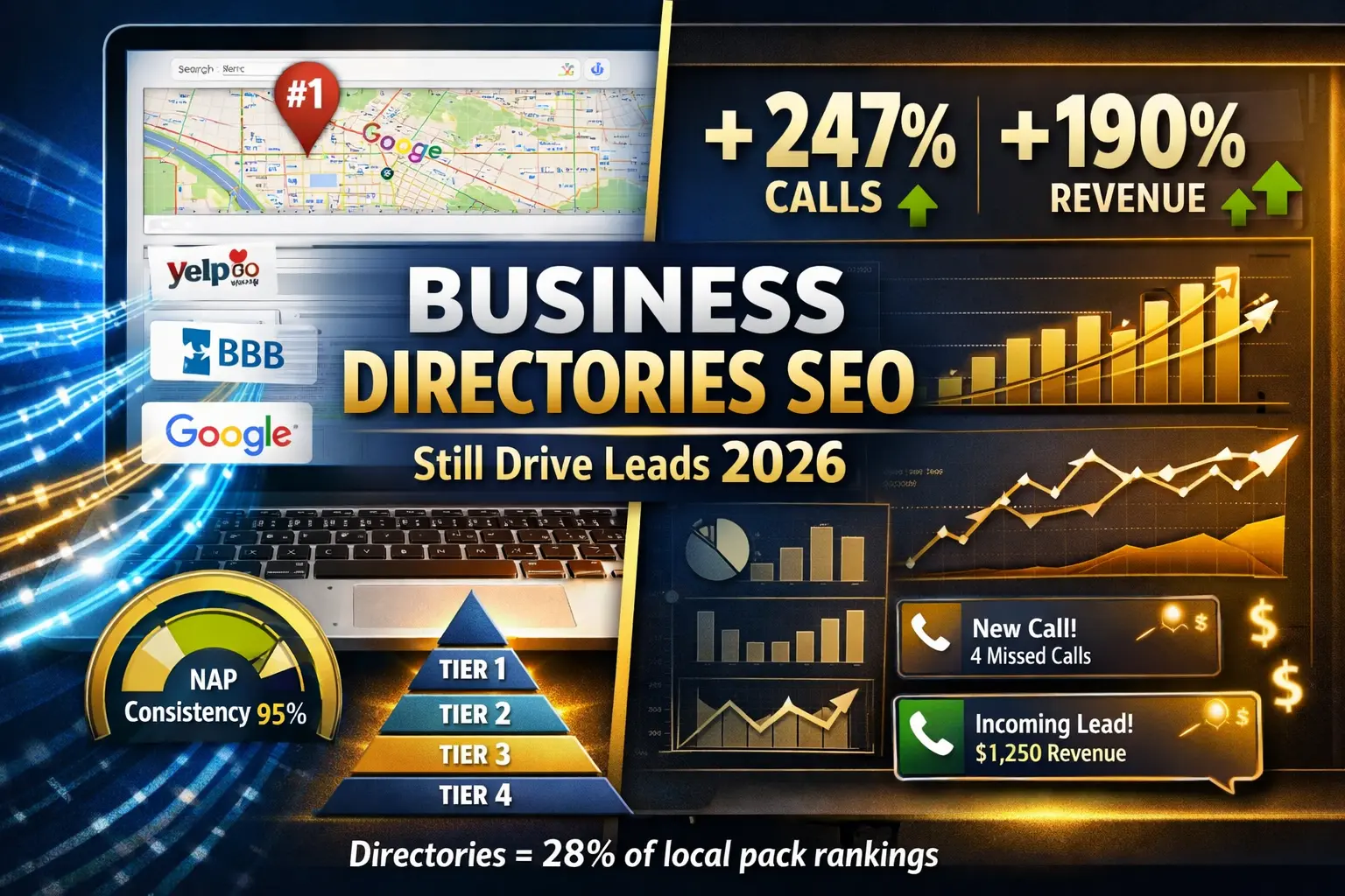 Business directories SEO dashboard showing Map Pack rankings revenue growth directory pyramid