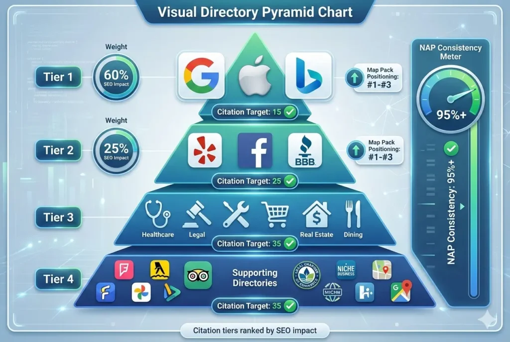 Local citations guide tier pyramid Google Yelp directories Map Pack rankings