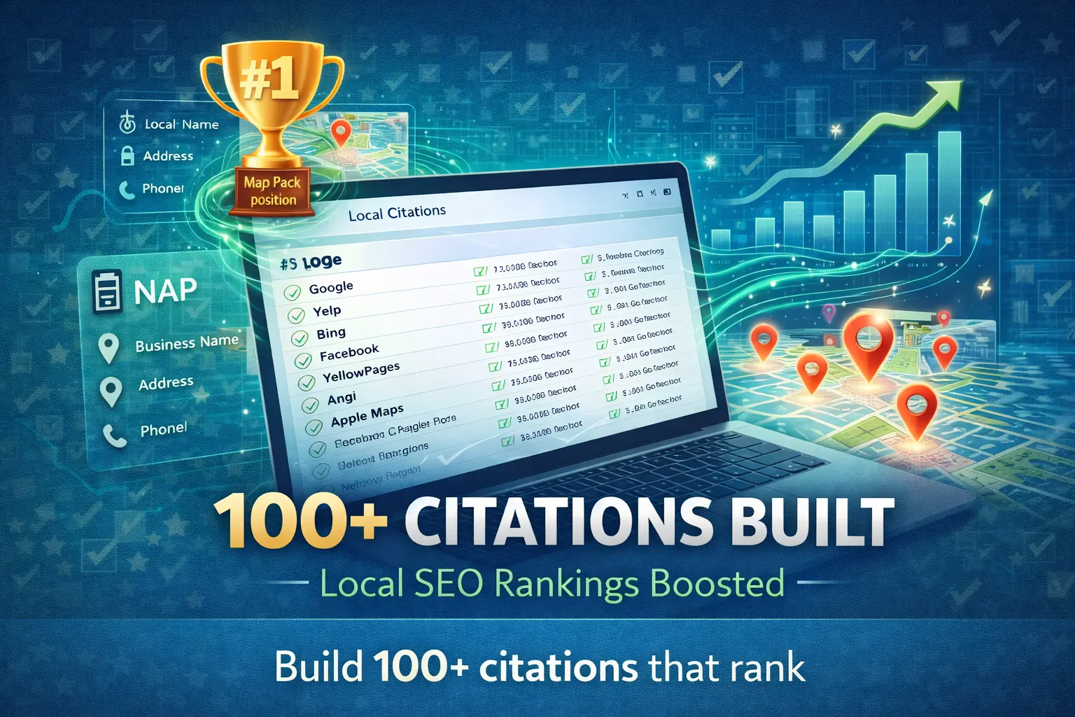 Local citations guide spreadsheet showing 100+ directories with Map Pack trophy and city map pins