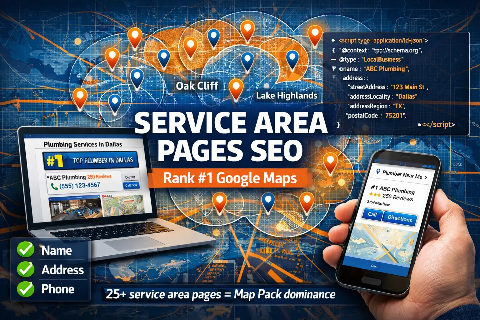 Service area pages SEO city map with location pins Google Maps ranking dashboard