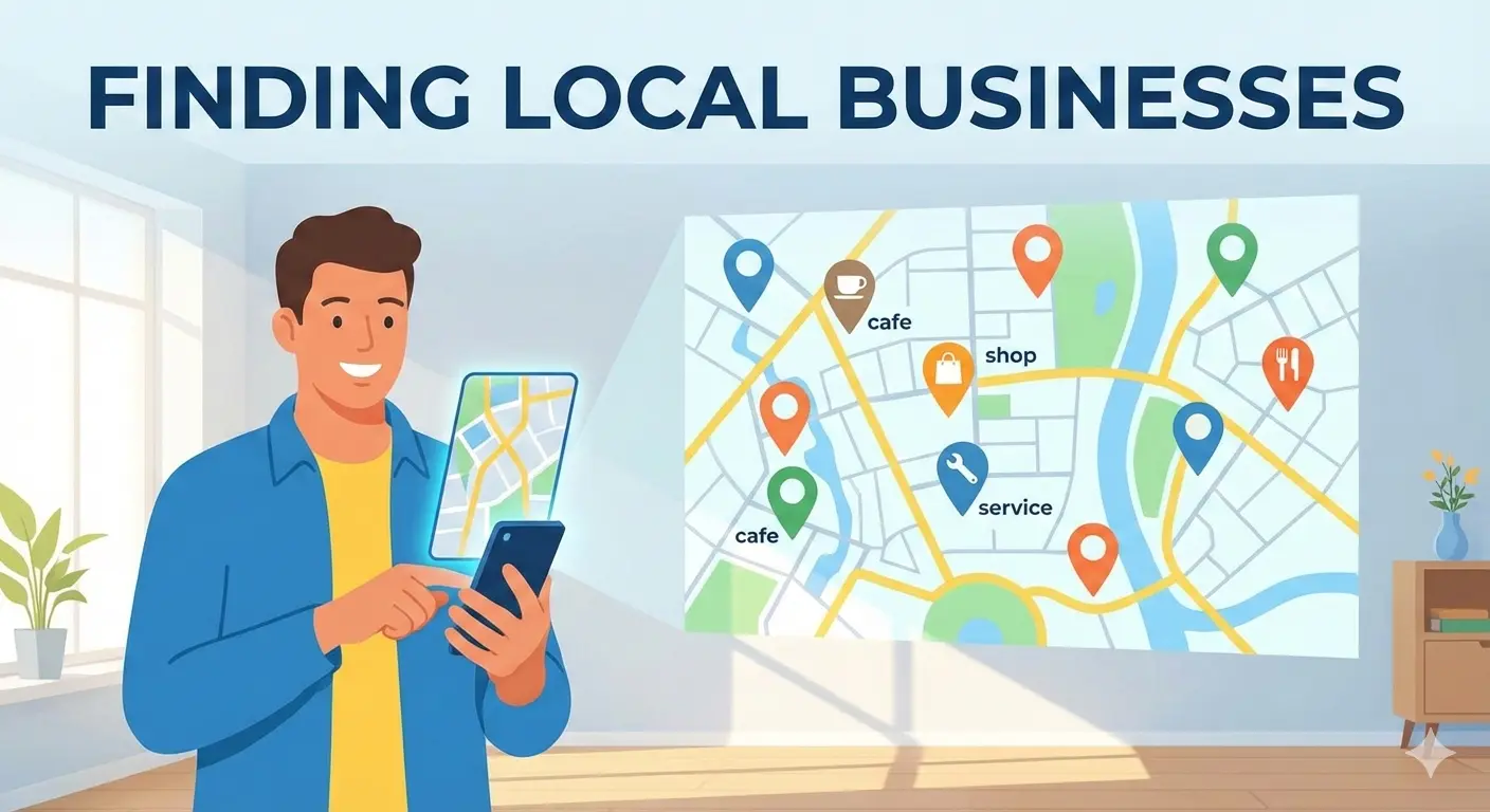 Map with location pins showing top local businesses and a person searching on a smartphone