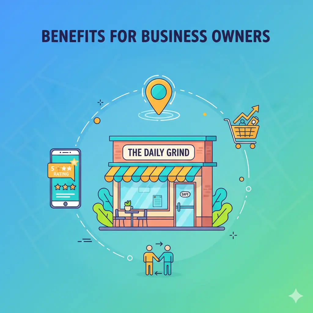 Illustration of a small business surrounded by icons showing reviews, customers, and online visibility