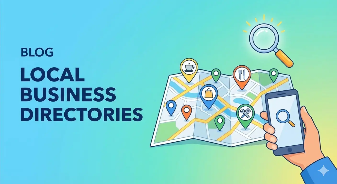 Illustration of a city map with location pins and a person using a smartphone to search local businesses