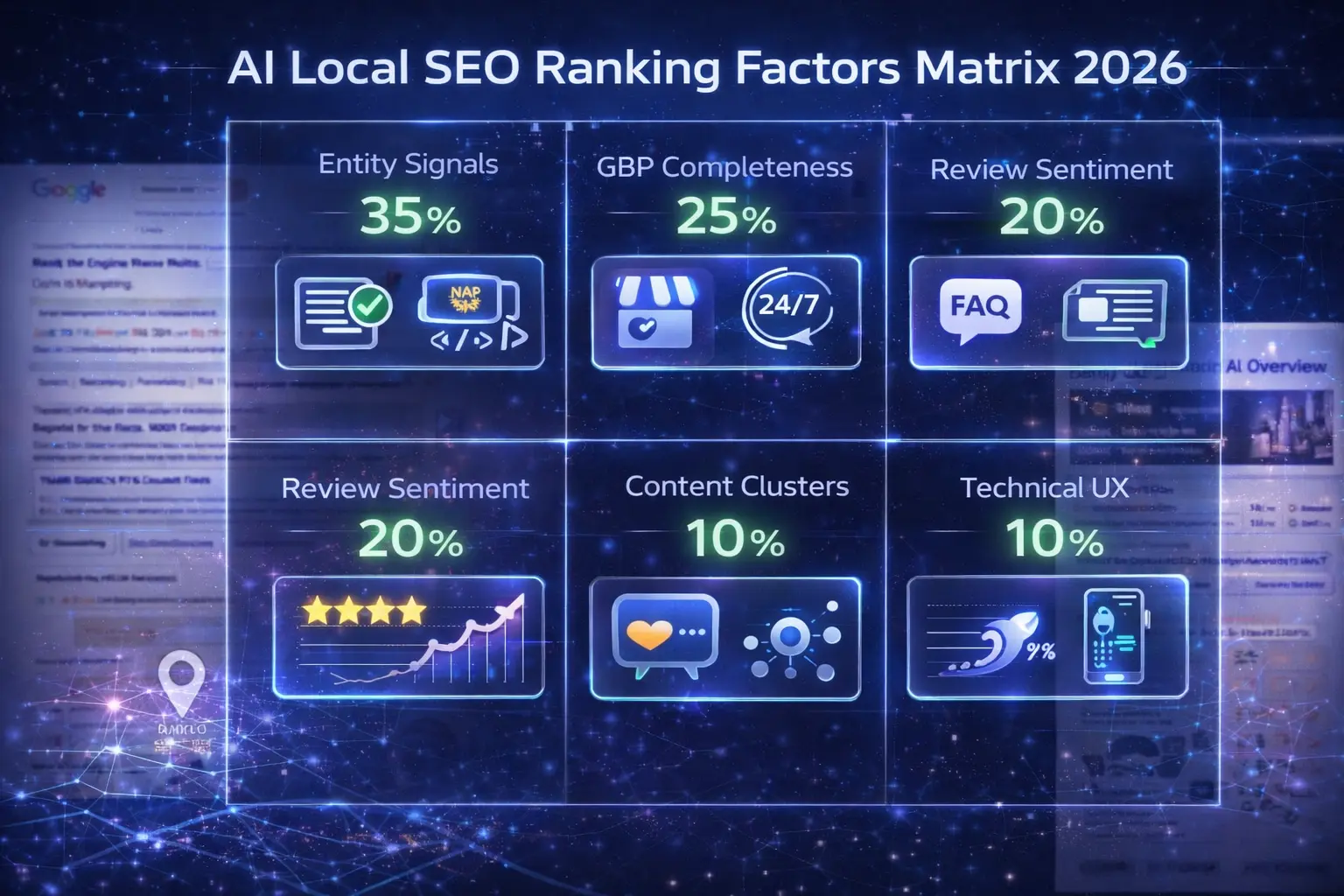 ai local seo 2026 ranking factors matrix entity signals 35% GBP 25% reviews 20% content clusters technical UX weights Map Pack vs AI Overview comparison