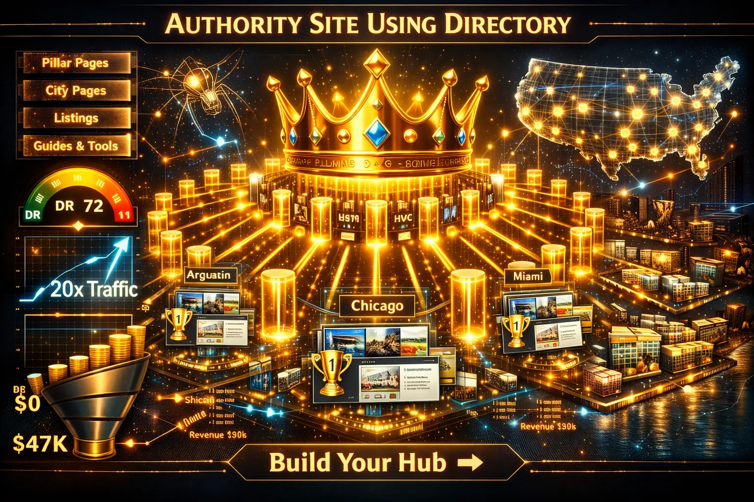 authority site using directory hub 50 category pillars 200 city hubs Map Pack rankings