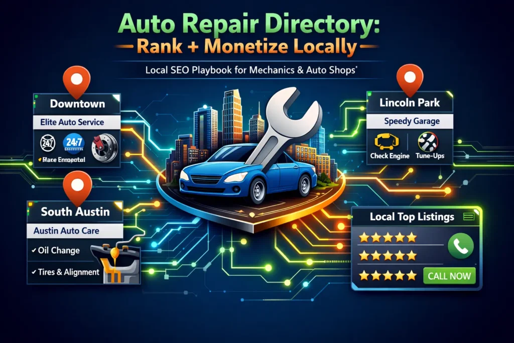 auto repair directory local SEO hero image with city skyline