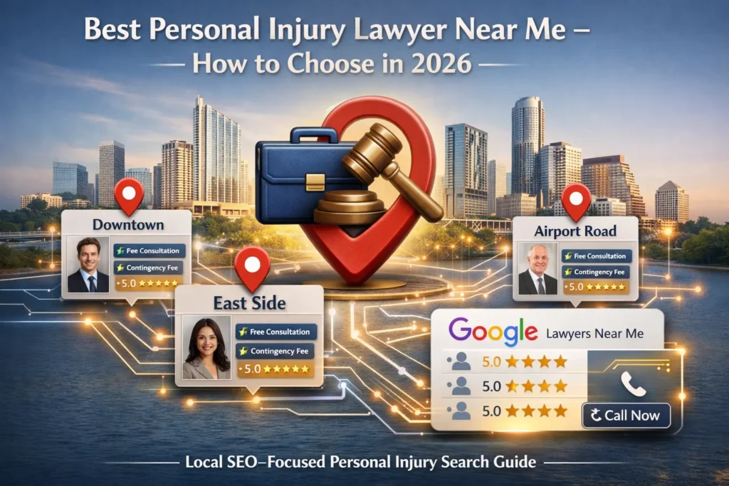 personal injury lawyer near me local SEO hero image with city skyline, gavel and briefcase icons, map pins, 5-star ratings, free consultation badge, contingency fee, and local pack ranking