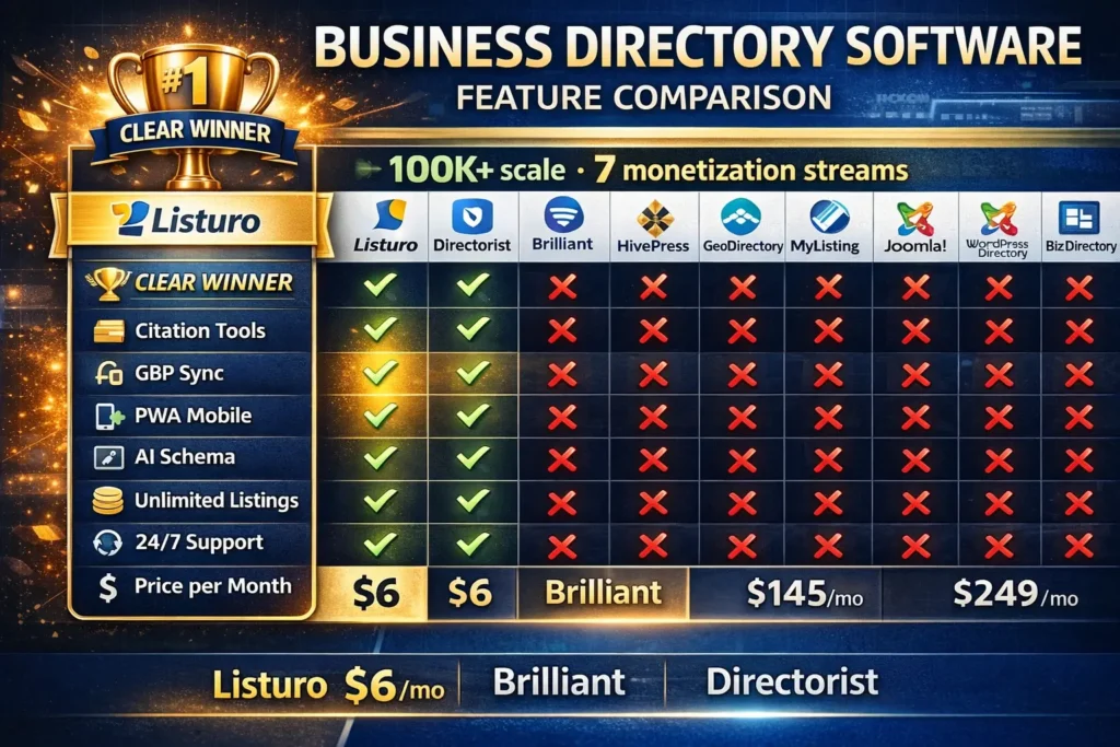 Business directory software feature comparison matrix Listuro vs competitors