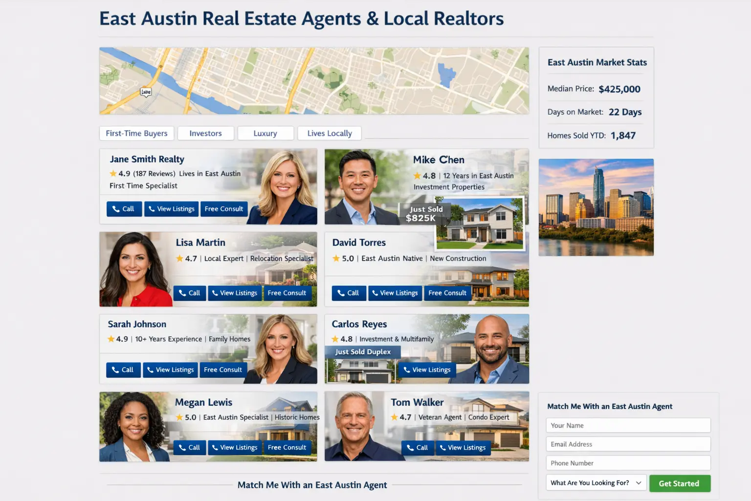 al estate agent directory East Austin neighborhood page agent profiles