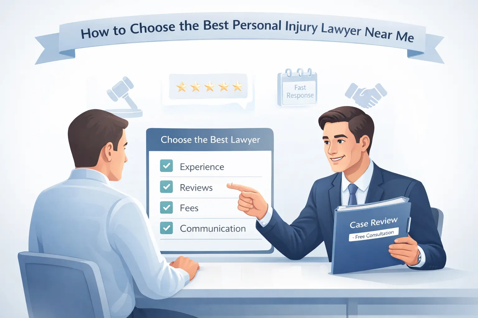 illustration of client meeting personal injury lawyer at desk with checklist on tablet, icons for experience, reviews, fees, and communication, and 5-star rating badge