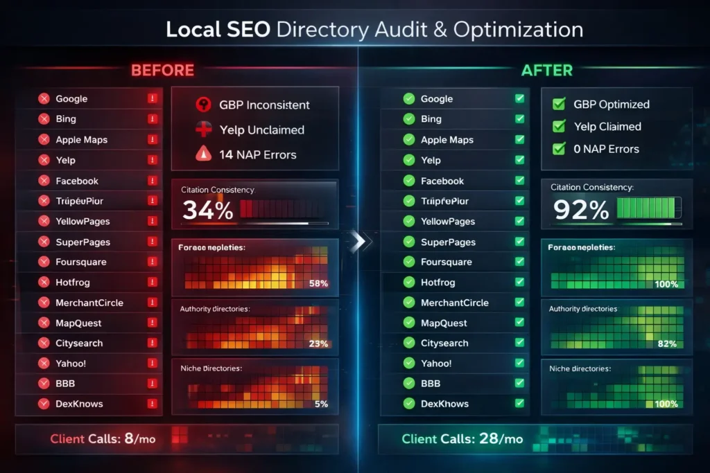 local seo for agencies directory audit before after NAP consistency Map Pack rankings
