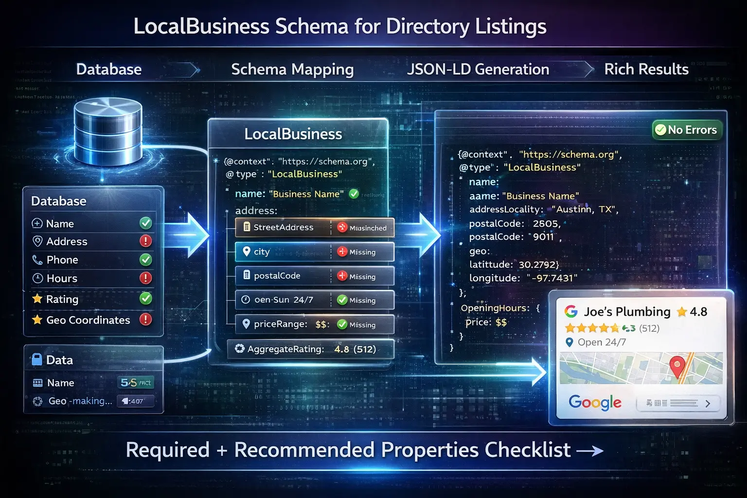 schema for business directories LocalBusiness JSON-LD address geo opening hours