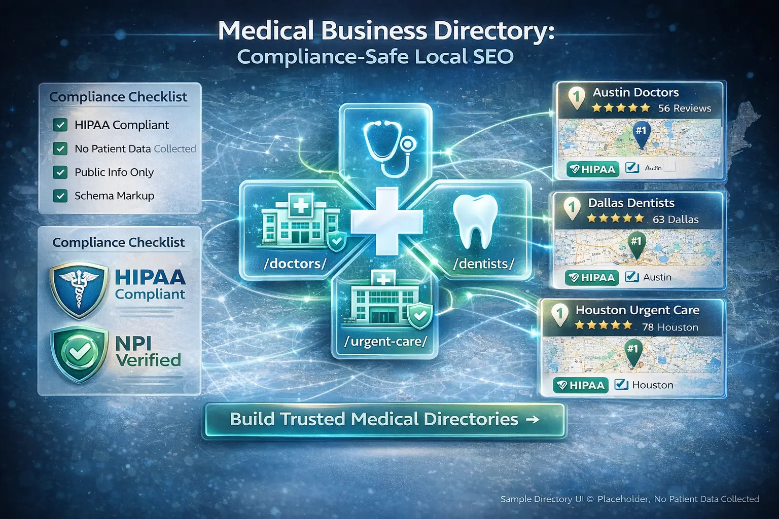 medical business directory compliance safe local SEO doctors dentists urgent care HIPAA NPI verified city pages listing cards schema markup