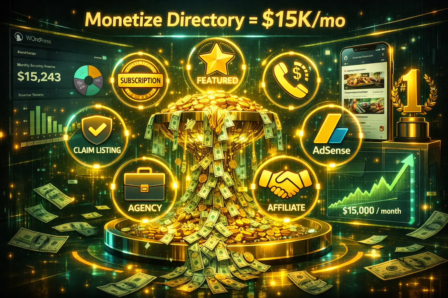 How to monetize business directory site 7 revenue streams subscriptions featured listings pay per lead WordPress dashboard $15K monthly revenue
