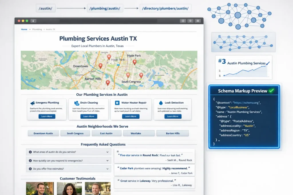 multi location local seo city page template Austin plumbing services Google Map