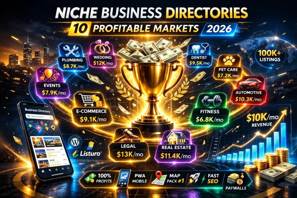 Niche business directories revenue trophy with home services wedding pet auto icons $10K monthly graph Listuro WordPress