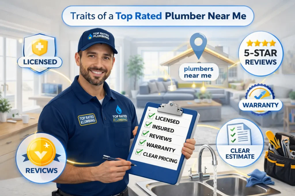 illustration of a professional plumber near me with license badge, 5‑star reviews, clear estimate, and warranty, showing traits of a good plumber