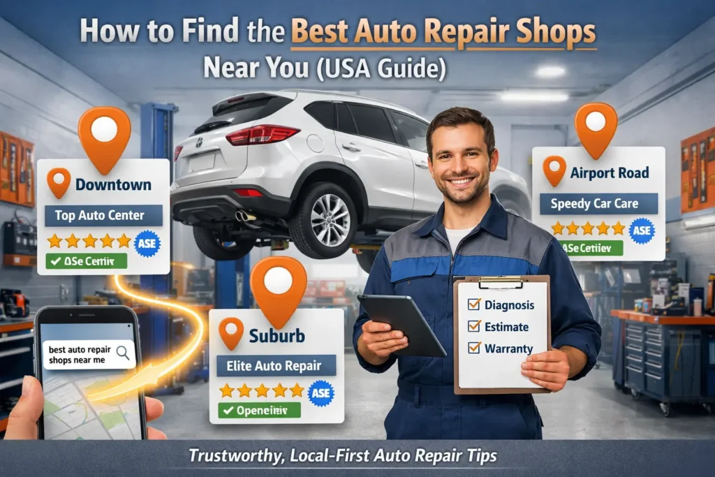 why choosing the best auto repair shops near me matters, showing a worried driver, a trusted mechanic, and a car with a check engine light