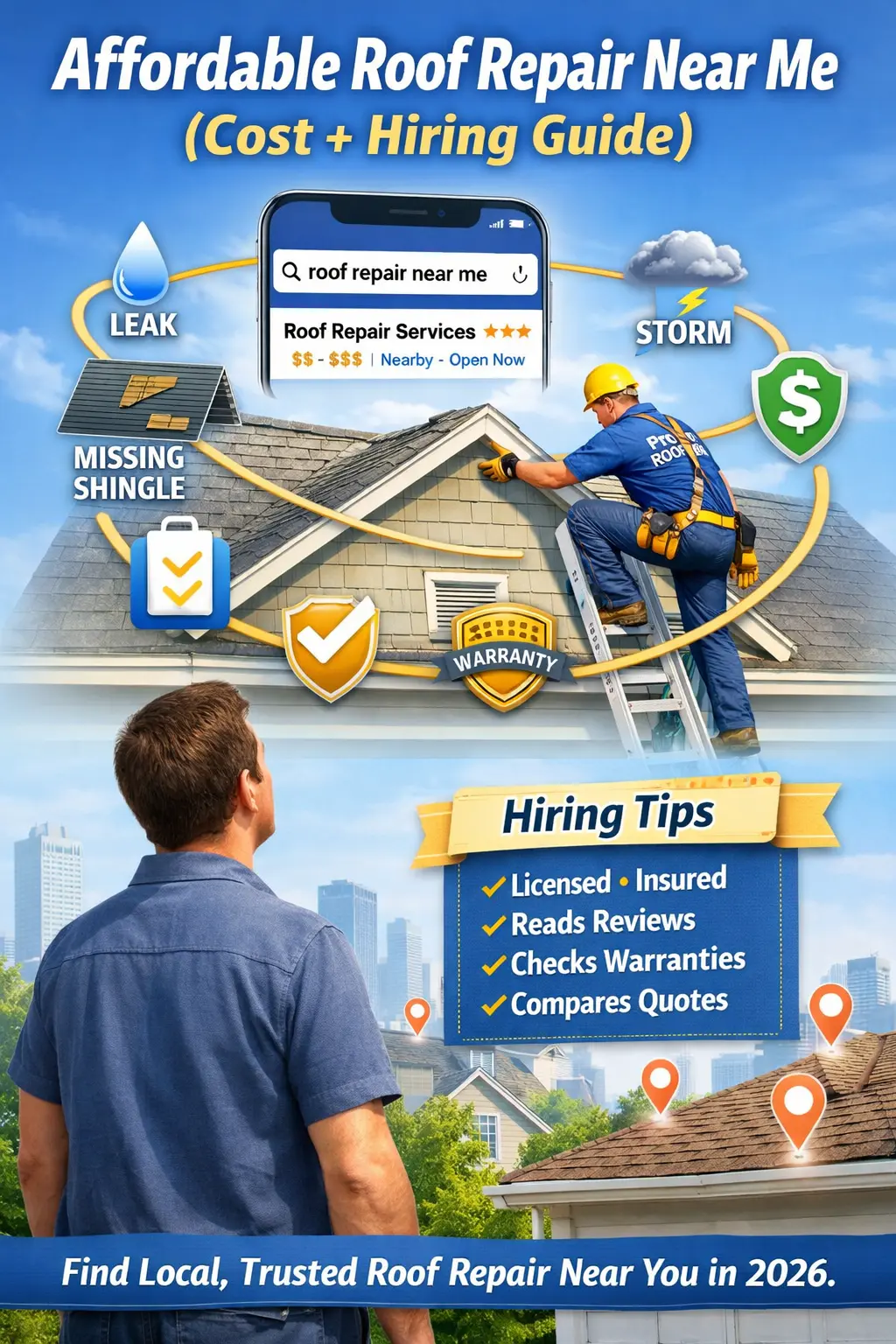 affordable roof repair near me feature image showing a homeowner checking a smartphone search for “roof repair near me” while a licensed roofer fixes shingles on a residential roof, with price tags and 5‑star reviews