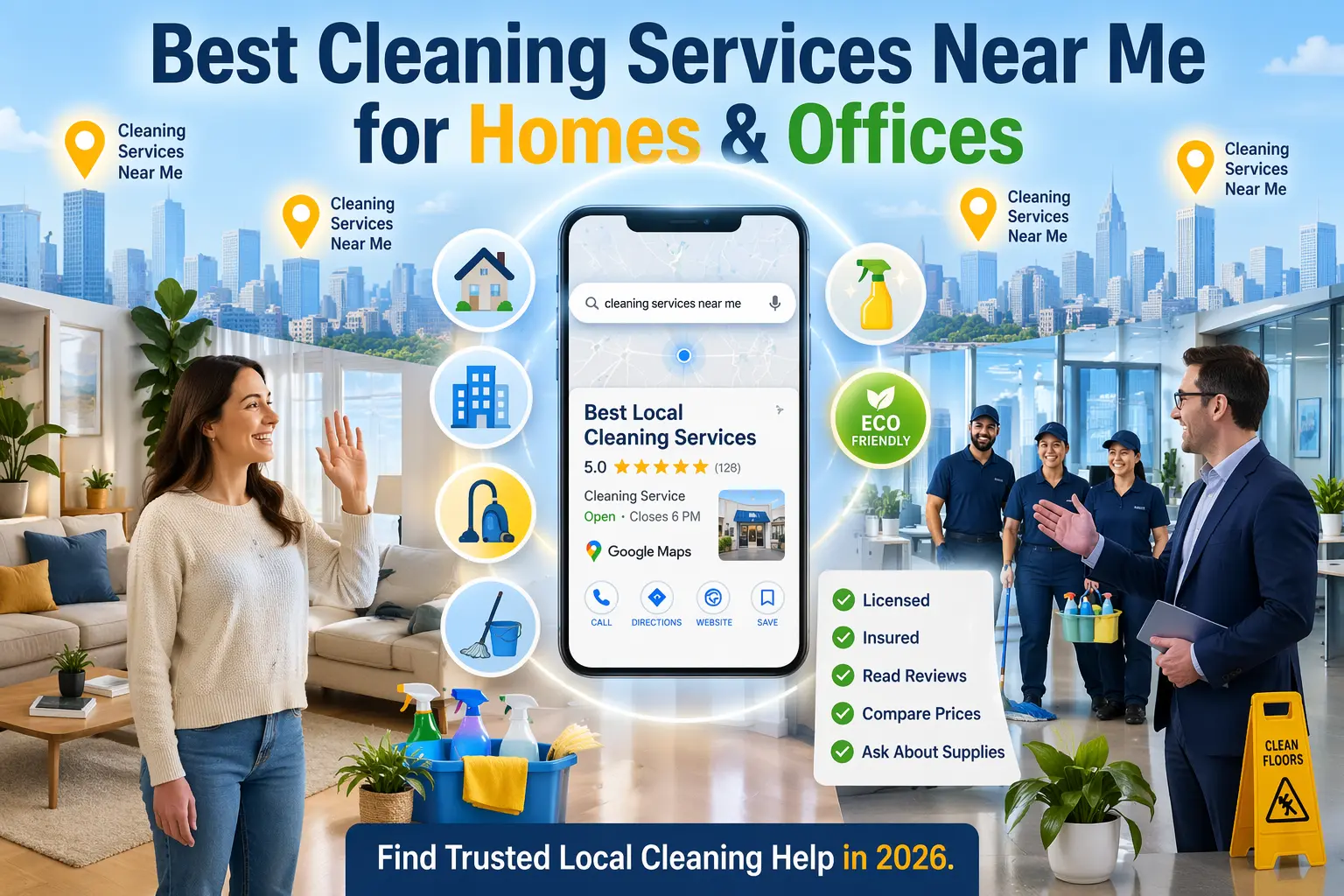 best cleaning services near me feature image showing a homeowner in a clean living room and a business owner in a tidy office, with a smartphone displaying “cleaning services near me” search and 5‑star reviews