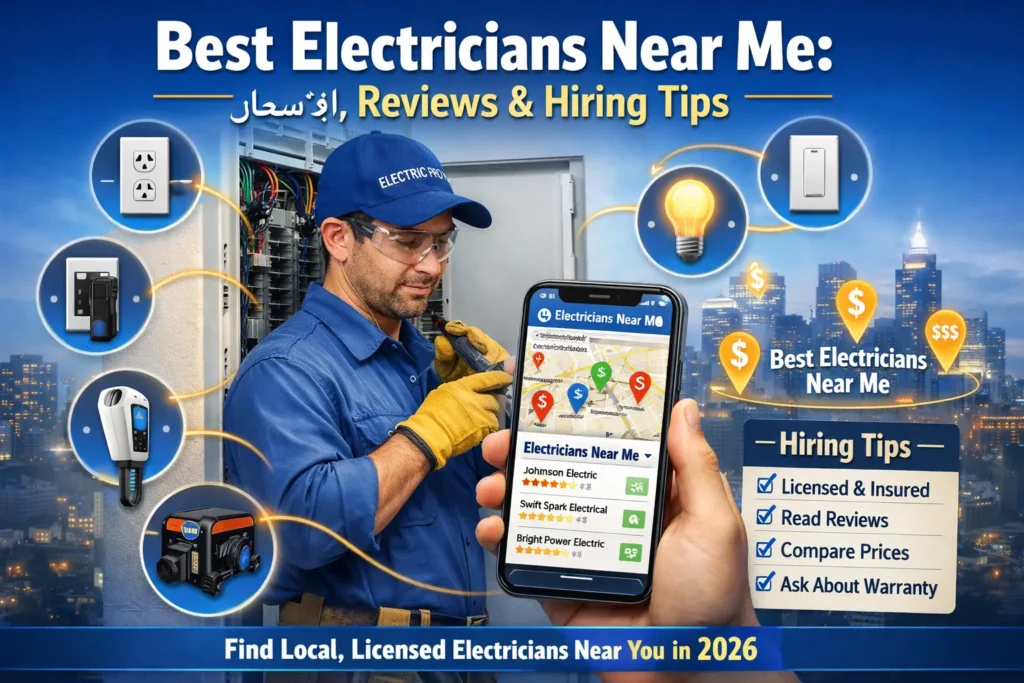 best electricians near me feature image showing a licensed electrician working on a home electrical panel while a homeowner searches “electricians near me” on a smartphone with 5‑star reviews and price comparisons, illustrating how to hire local electrical help