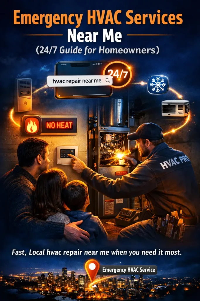 emergency hvac repair near me feature hero image showing a family with a thermostat in a cold room while an HVAC technician fixes a furnace at night
