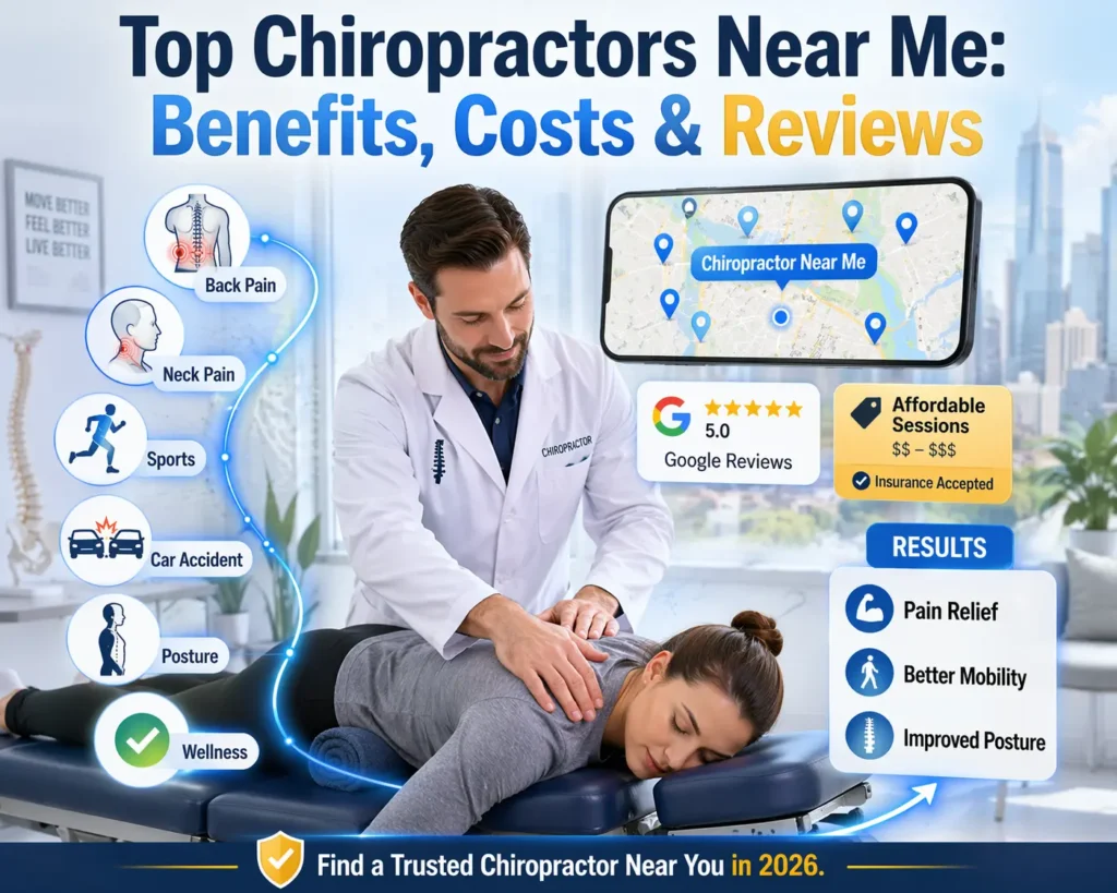 top chiropractors near me feature image showing a professional chiropractor adjusting a relaxed patient on a treatment table while a smartphone displays “chiropractor near me” search with 5‑star reviews and price‑range tags