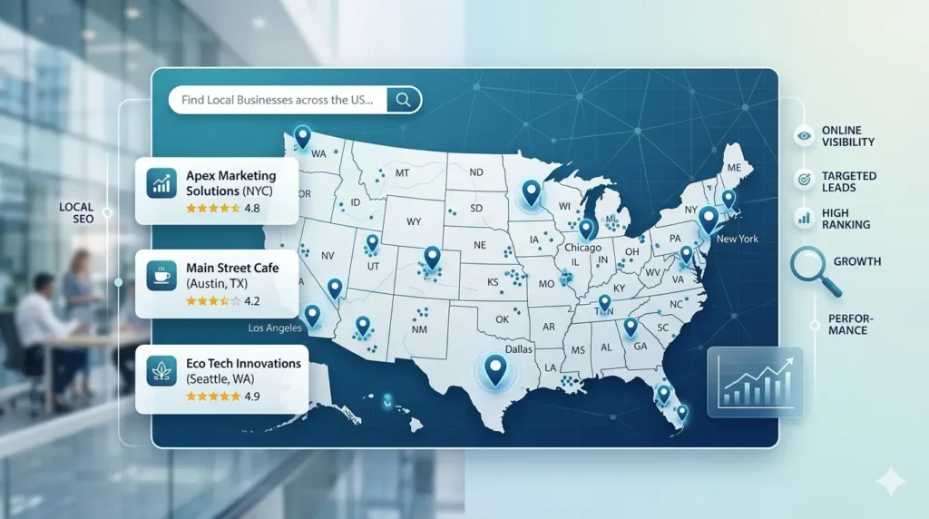 United States business directory with map pins, business listing cards, and search icons.