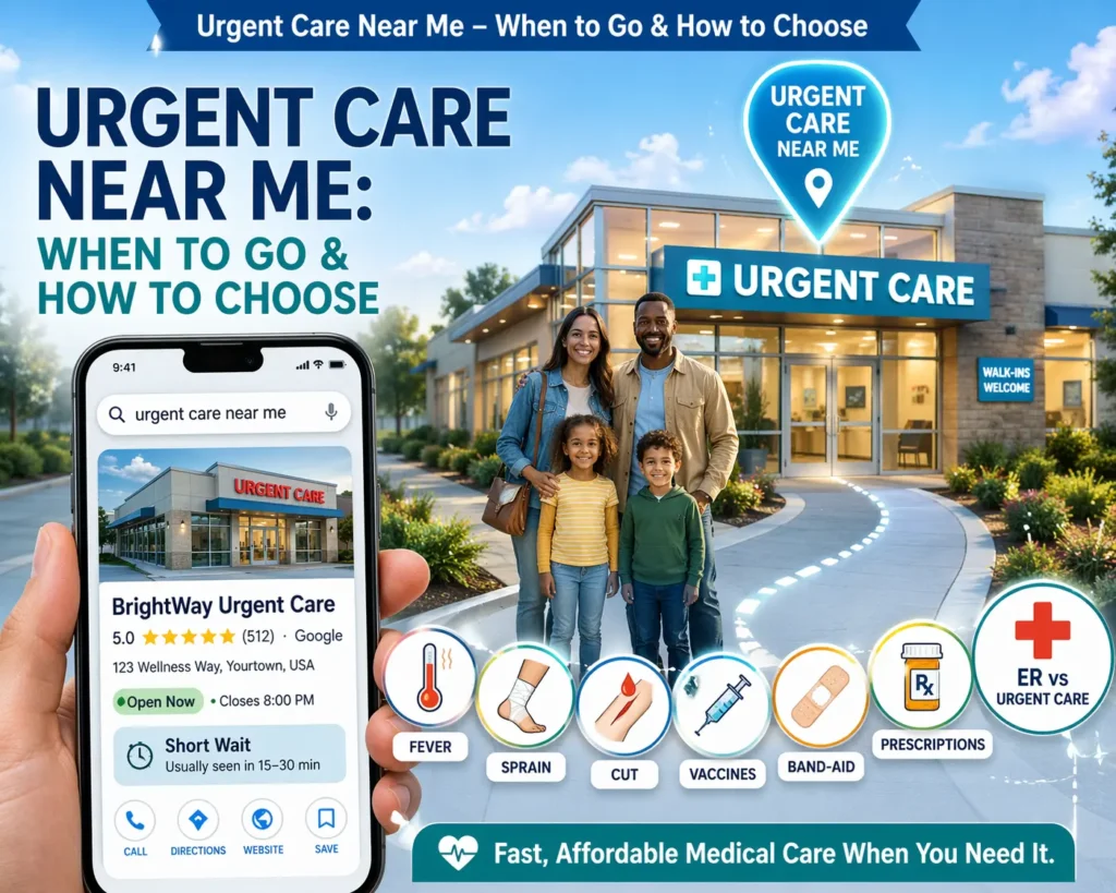 Family standing outside a modern urgent care clinic with a smartphone showing “urgent care near me” search results, 5-star rating