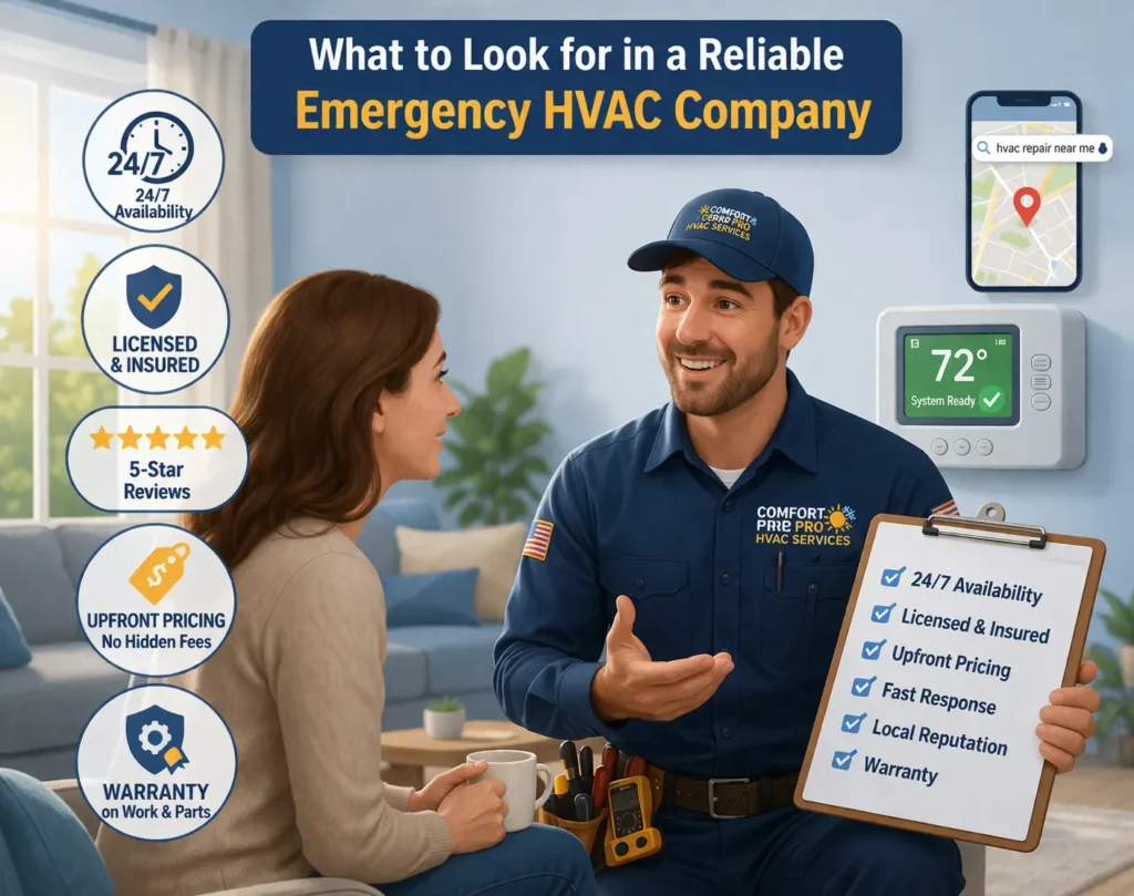 what to look for in a reliable emergency hvac company near me: licensed technician, 24/7 availability badge, 5-star reviews, upfront pricing, and repair warranty